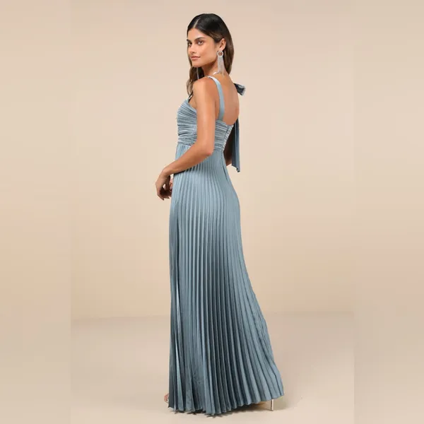 LULU’S Gorgeous Purpose Slate Satin Pleated Sleeveless Bow Maxi Dress - Image 5