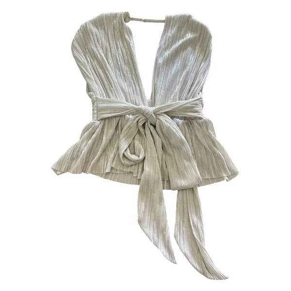 Sabina Musayev Shelby Top Large White Silver Metallic Plisse Deep V-Neck Tie Bow - Image 7