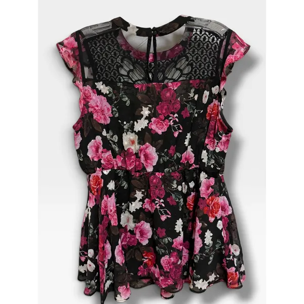 Torrid Peplum Chiffon Clip Dot Crochet Top 00 M/L 10 Black Floral - Image 7