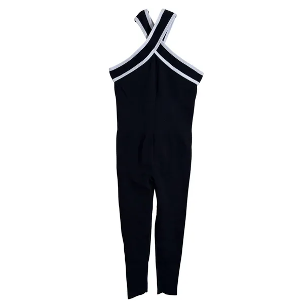 Women's Black Crisscross Halter Jumpsuit Size S White Trim Workout Unitard NWT - Image 2