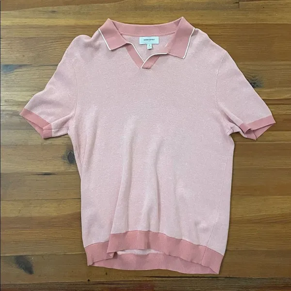 Banana Republic Pink Lace Birdseye Stitch Knit Sweater Polo Womens Medium Preppy - Image 4