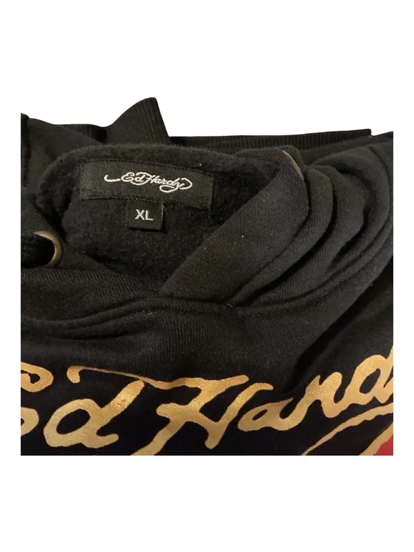 Vintage Ed Hardy Cropped Pullover Hoodie Black XL Dagger Heart Tattoo Y2K - Image 3