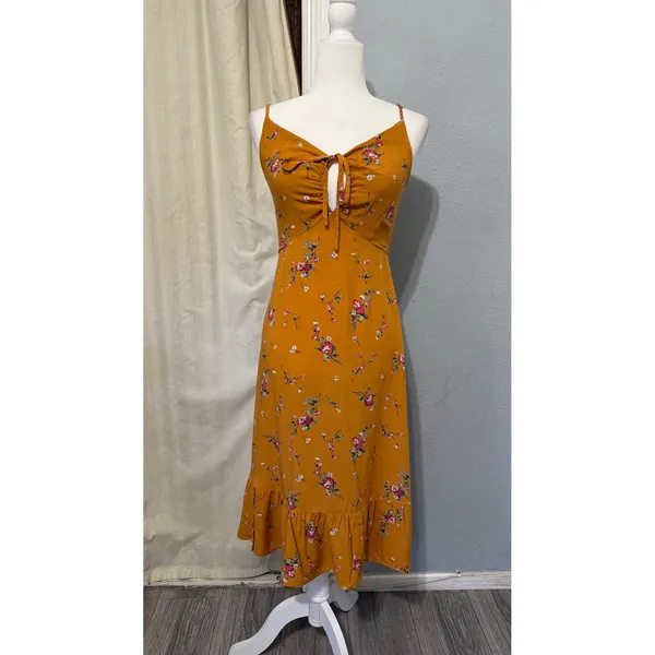 re:named Mustard Yellow Midi Dress Size M Floral Ruffle Sweetheart Keyhole Tie - Image 3