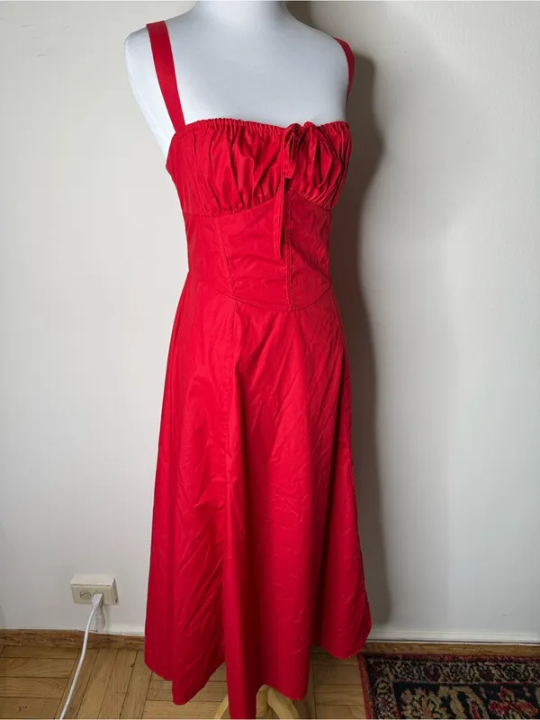 Peiran Red Cottagecore Corset Tie Front Midi Dress - Image 2