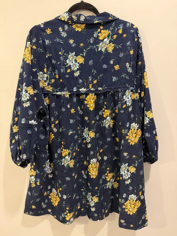 Umgee Floral Detail Collared V-Neck Corduroy Balloon Sleeve Dress Navy - Image 4