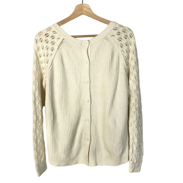 Ann Taylor‎ LOFT Ivory White Mesh Sleeve Knit Sweater M - Image 2