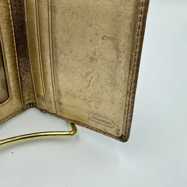 Coach Signature Monogram Bifold Wallet Brown Canvas Metallic Gold Leather Trim - Image 4