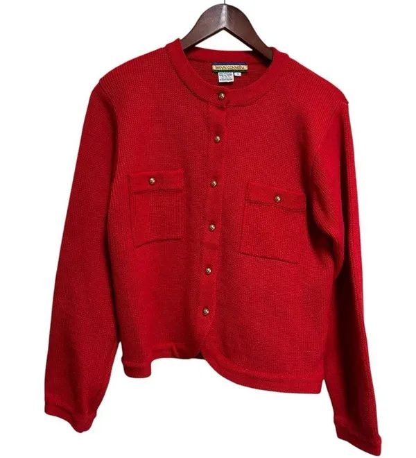 Bryn Connelly Sweater Cardigan Size Small Red Gold Button Vintage Preppy Classic - Image 2