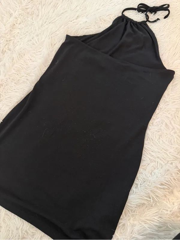 H&M Black Stretch Bodycon Mini Dress Halter Neck Backless Beach Cover Up M - Image 4