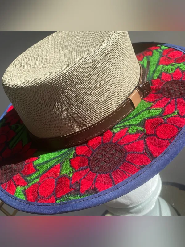 Colorful bold floral embroidered Mexican summer sun hat boho Southwest one size - Image 4