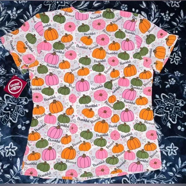 NWT! Divine Stretch Blessing Season Graphic Print Scrub Top 19” P2P - Image 2
