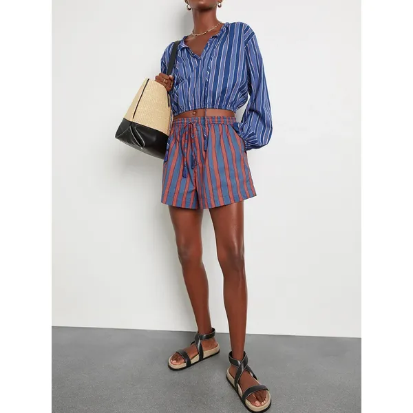 NATALIE MARTIN Amelia Top Batik Stripe Navy Cotton Tassel Tie Blouse Top Small - Image 4