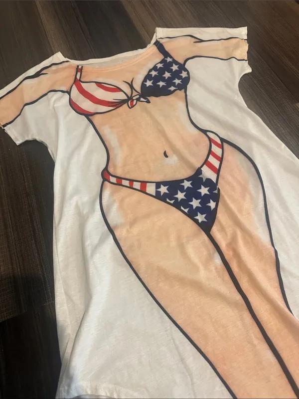 Women’s Graphic Tee with American Flag Bikini Print - White - Image 2