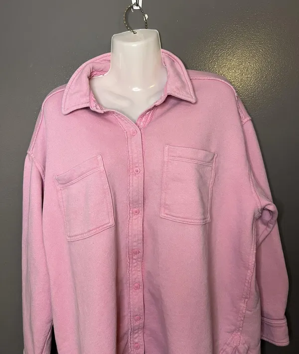 Aerie Shirt Womens XS Pink Terry Button Up Collared Long Sleeve Pocket Top - Image 2