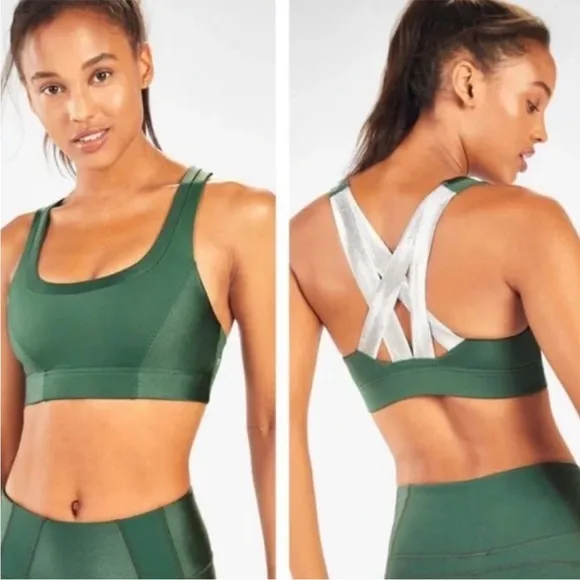 Fabletics Paige Low Impact Sports Bra Green Silver Strappy Back Sz Large - Image 2