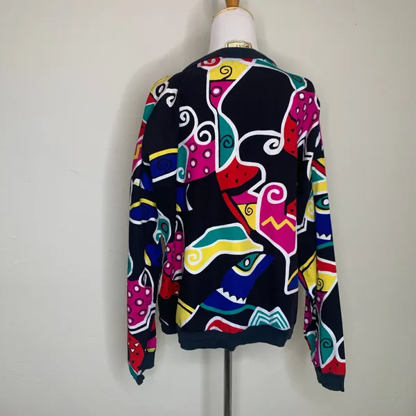 Vintage Bright 90s Pullover Cotton Sz XL Geometric Pattern Black - Image 2