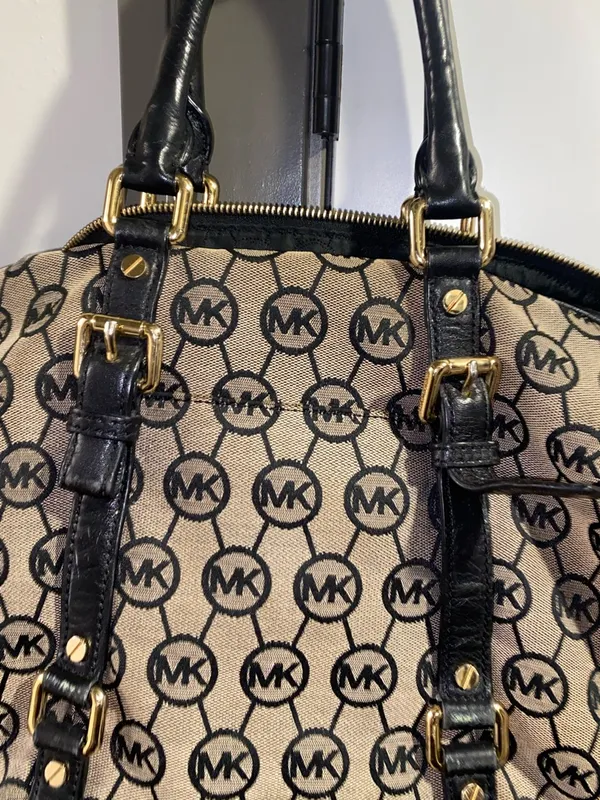 Michael Kors Black and Beige MK Monogram Satchel with Crossbody Strap - Image 10