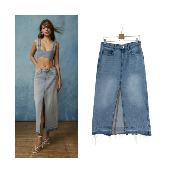 Urban Outfitters BDG Mandi Denim Maxi Skirt Raw Hem Front Slit Blue‎ Size Medium - Image 2
