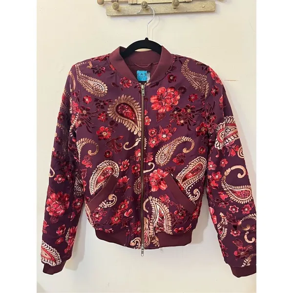 KAS New York Burgundy Velvet Paisley Ashlyn Burnout Bomber Jacket Size XS - Image 3