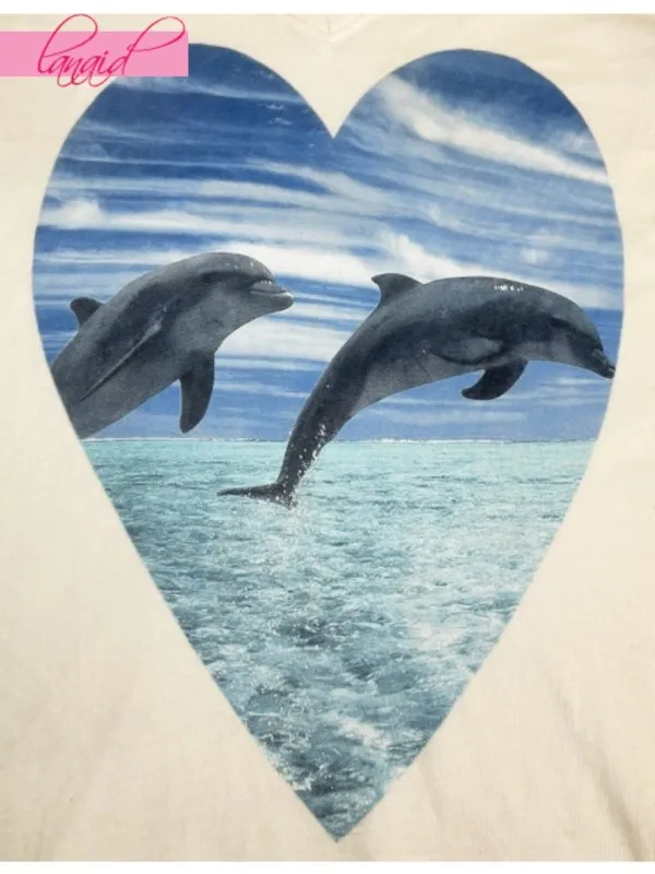 Wildfox Hippie V-Neck Save A Dolphin Heart Porpoise Animals A-Line Short Sleeve - Image 4