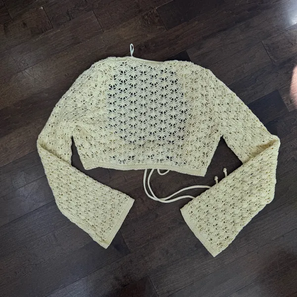 Stradivarius open crochet knit bolero bell long sleeve coverup top - Image 6