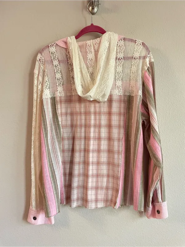 POL Patchwork Plaid LaceRelaxed Hooded Shirt Jacket Size Small - Image 7