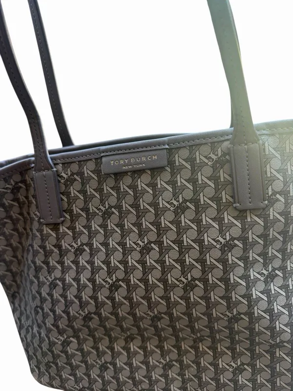 Tory Burch Gray & Black Textured Monogram Small Tote Bag Zip Top Logo Canvas - Image 3