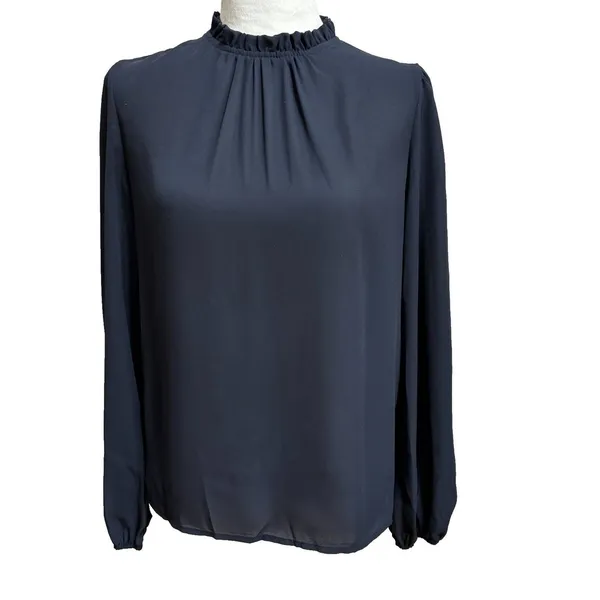 SheIn Chiffon Blouse Navy Ruffle Mock Neck Bishop Sleeve Work Modest Minimalist XS‎ - Image 2