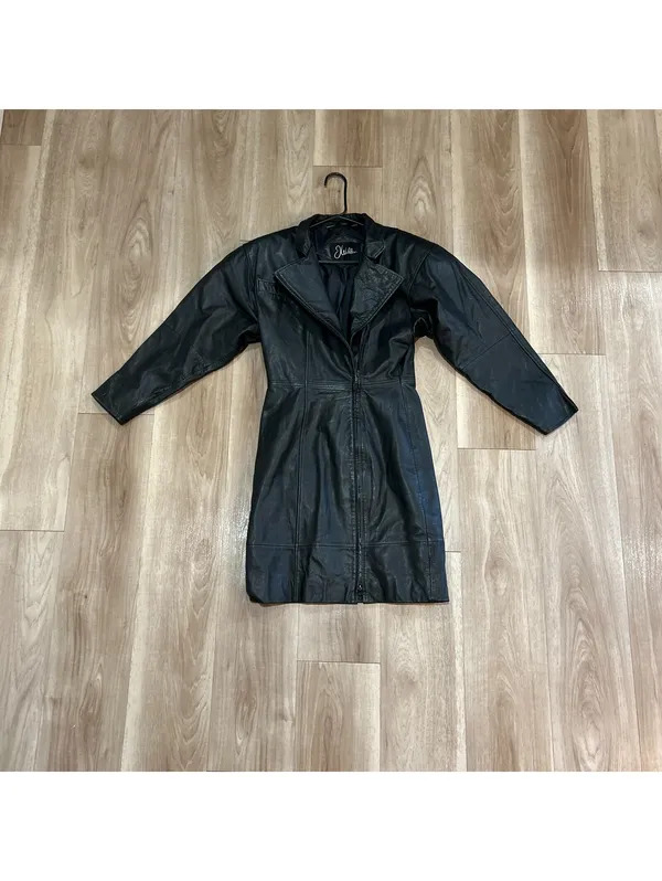 Vintage J. Walden Women's 80s 90s Black Genuine Leather Trench Coat Size 5/6 - Image 2