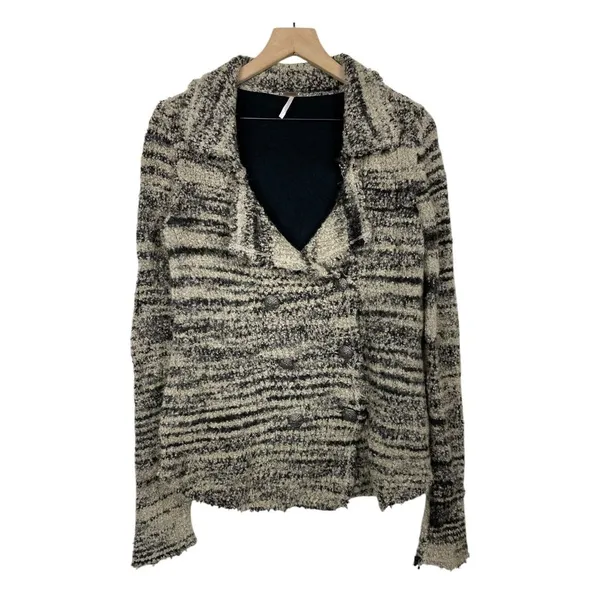 Free People Double Breasted Sweater‎ Sz S Zebra Chunky Knit Wool Blend Cardigan - Image 2