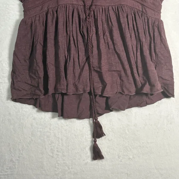 Lucky Brand Square Neck Peplum Top‎ Tassel Drawstring Burgundy XS - Image 7