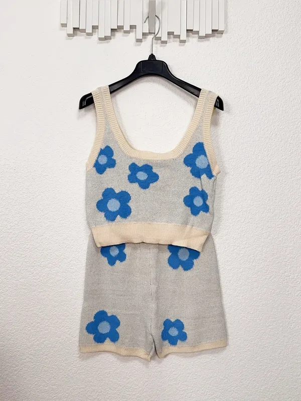 Miss Sparkling Blue Floral Knit Tank Shorts Set XL Two Piece Lounge Matching Set - Image 3
