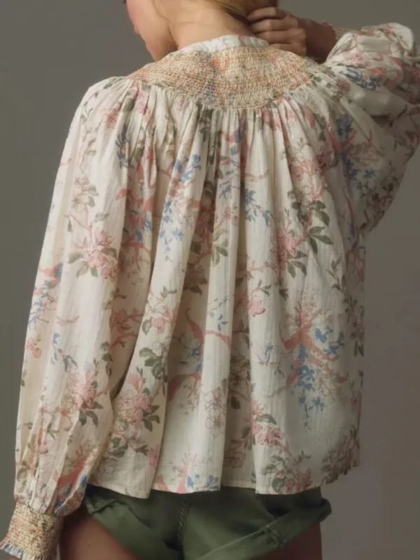 EUC Anthropologie Smocked Lurex Floral Long Sleeve Top Size Small - Image 3