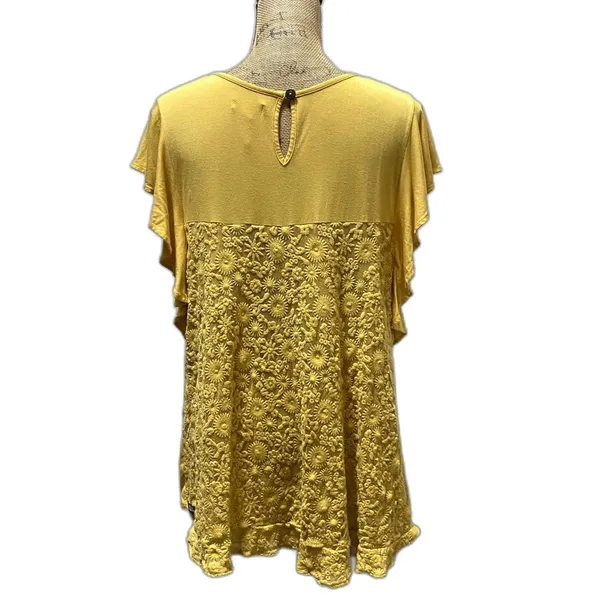 Matilda Jane Bocce Ball Blouse Mustard Yellow Flutter Sleeve Floral Lace‎ Large - Image 2