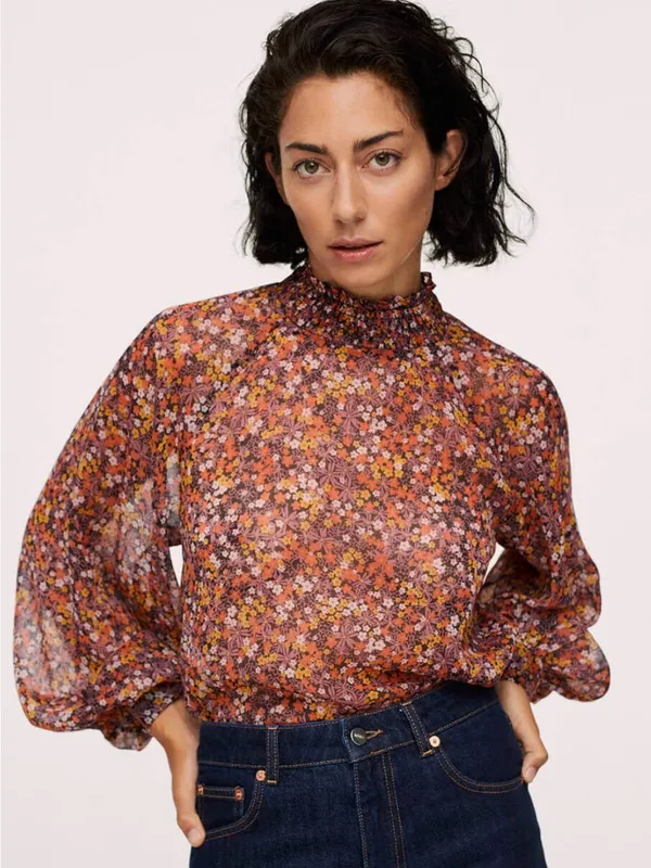 Mango Sheer Floral High-Neck Balloon Sleeve Blouse Size 8 - Image 2