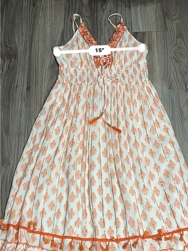 Me 2 Magic Boho Maxi Dress Orange White Embroidered V-Neck Fringe. - Image 13