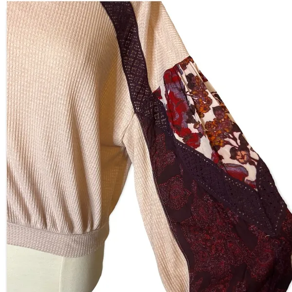 Free People Womens Casual Clash Waffle Top In‎ Rose Balloon Sleeves Boho Sz S - Image 9