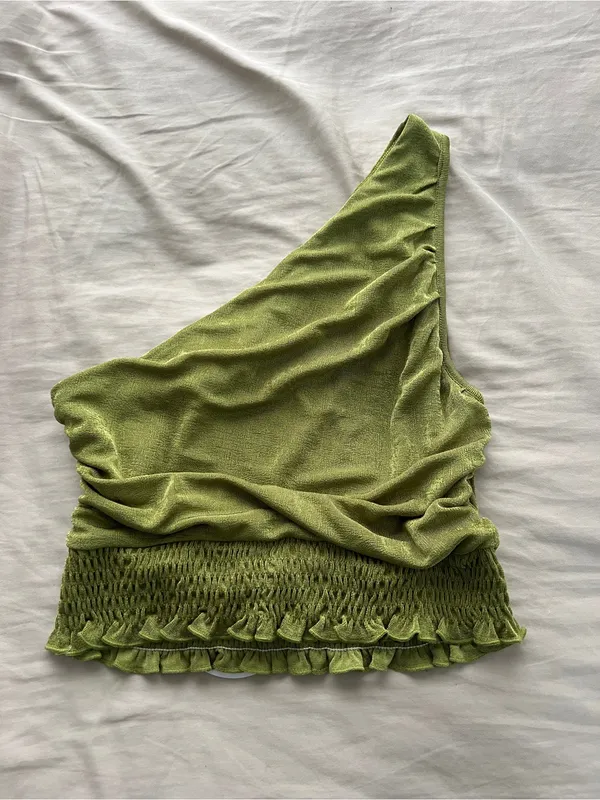 NEW Princess Polly Green One-Shoulder Smocked Hem Top - Image 2