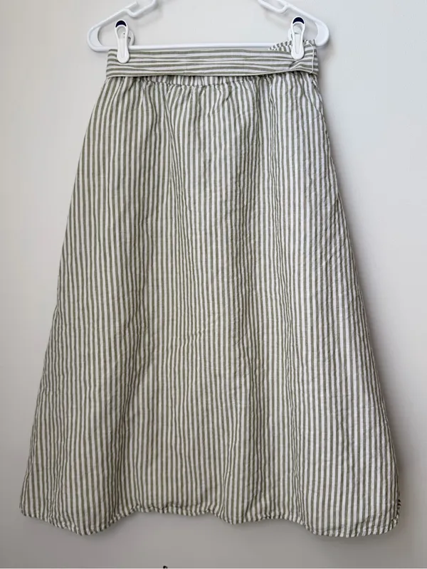 Talbots Linen Green and White Midi A-Line Skirt with Tie Front Size Medium - Image 6