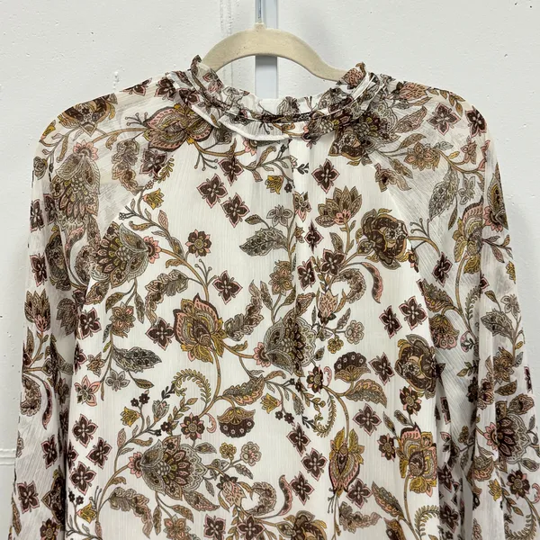 Loft Women's Paisley Floral Ruffle Neck Keyhole Blouse‎ Cream Brown Size M - Image 5