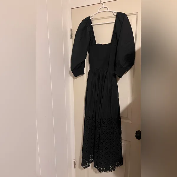 Free People Black Storm Dress Balloon‎ Sleeve Eyelet Bohemian Witchy Wednesday - Image 6