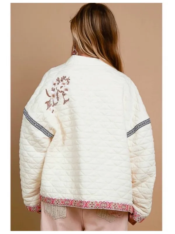 POL Cream Quilted Embroidered Jacket in Ivory Like New Bohemian Sz L - Image 2