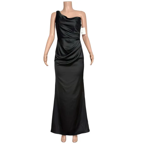 AFTER SIX Nisha 6904 One-Shoulder Cat-Eye Satin Charmeuse Gown, Black, 4R - Image 6