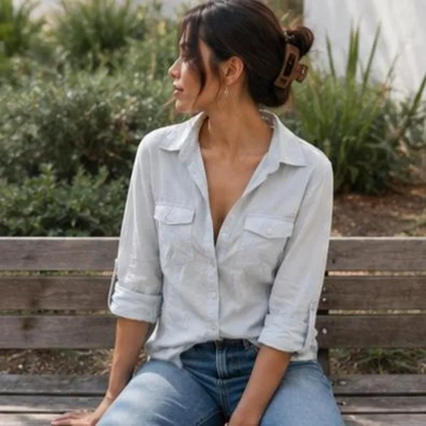 Light Blue Pinstripe Button Up Shirt Roll Sleeve Relaxed Fit Coastal Casual L - Image 2