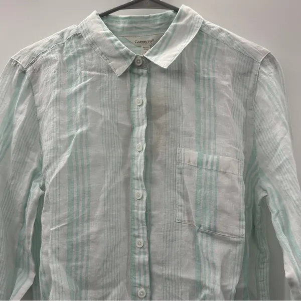 Garnet Hill Linen Light Blue & White Striped Long Sleeve Button Down Top‎ 8 NEW - Image 2
