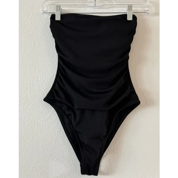NEW Shade & Shore Black Ribbed Bandeau One Piece Swimsuit XS Shaping - Image 3