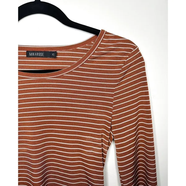 Mikarose Women's XS Rust Striped Ribbed Long Sleeve Top‎ Minimalist Earth Tones - Image 4