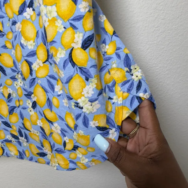 Ann Taylor Women Linen Top Small Blue Yellow Lemon Fruit Blouson‎ Gasset Resort - Image 10