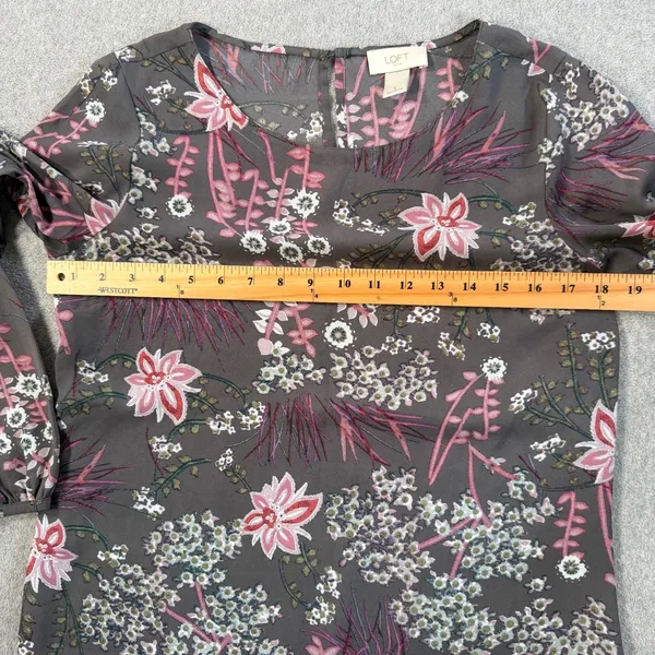 LOFT Outlet Women's Small Sheer Charcoal Pink Floral Long Sleeve Blouse Top - Image 7