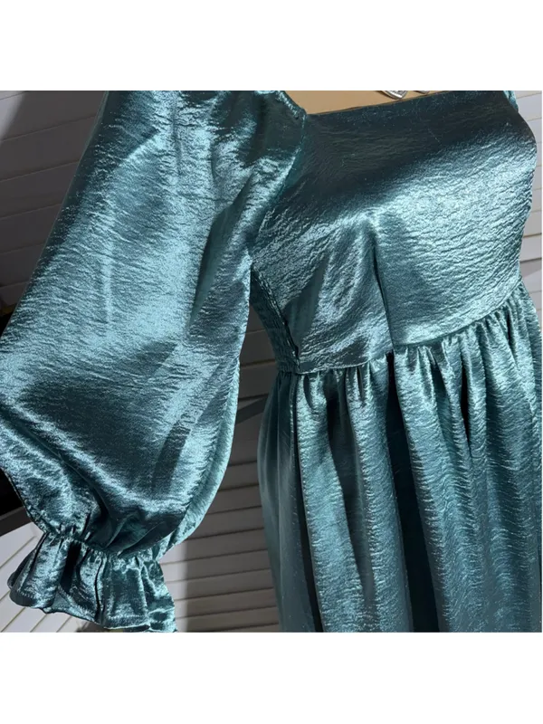 Entro Anthropologie teal satin babydoll mini dress ballooned sleeves Fairy hoco - Image 6